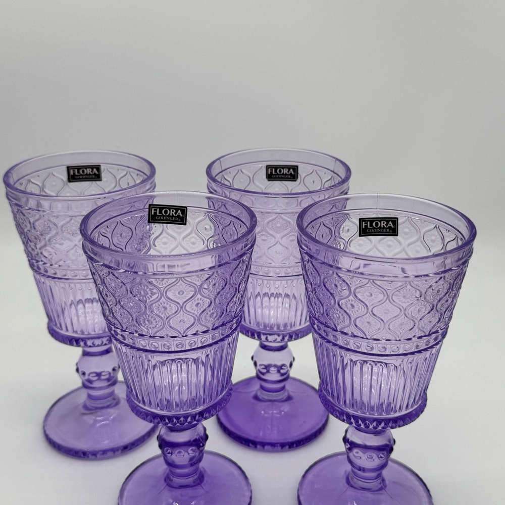Godinger Flora Lavender Purple Glass Wine Goblets Set of 4 Textured Footed 7"